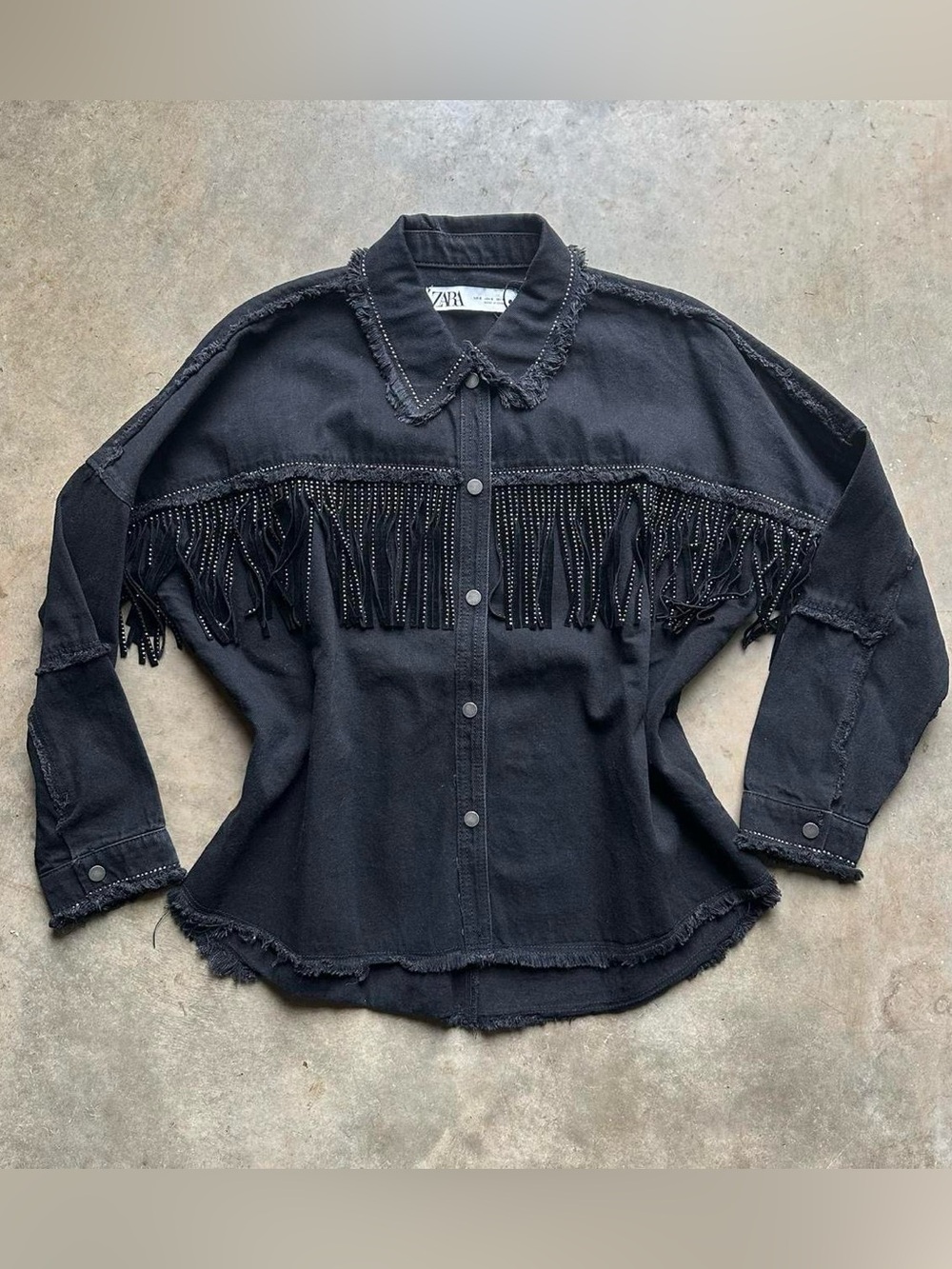 Zara western black denim shirt jacket with fringe and rhinestones